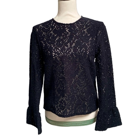 Zara Black Sheer Floral Crochet Lace Bell Sleeve Blouse M Night Out - Picture 3 of 12